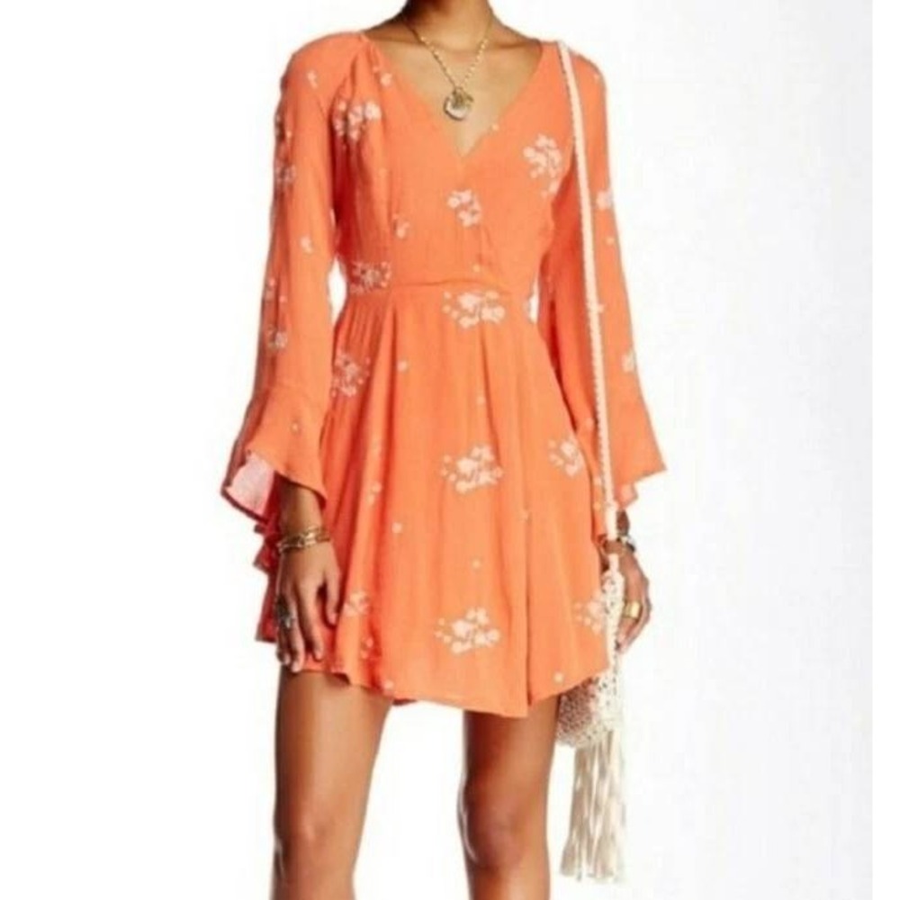 Free People Counting Daisies Embroidered Mini Dress Coral Orange Bell Sleeve 0